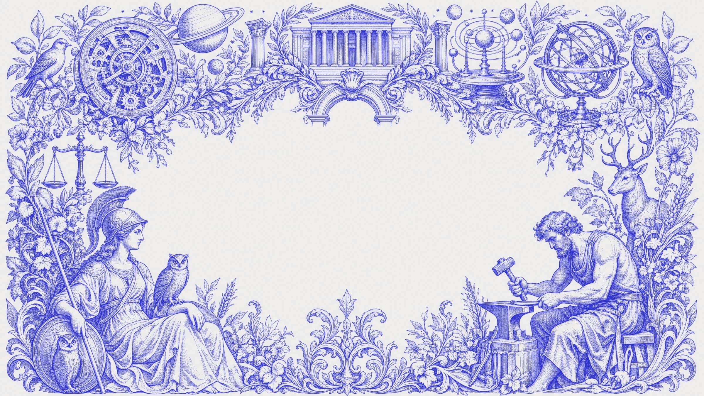 An ornate cobalt blue engraving framing the page title: a classical goddess of wisdom with a temple and owl on the left, and a craftsman at an anvil with an orrery, balanced scales and orbiting satellites on the right